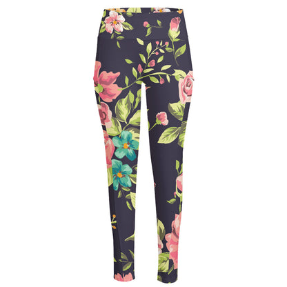 Vintage Rose Floral Flower Pattern Print High-Waisted Pocket Leggings