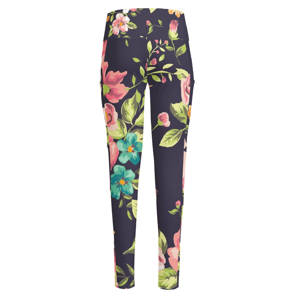 Vintage Rose Floral Flower Pattern Print High-Waisted Pocket Leggings
