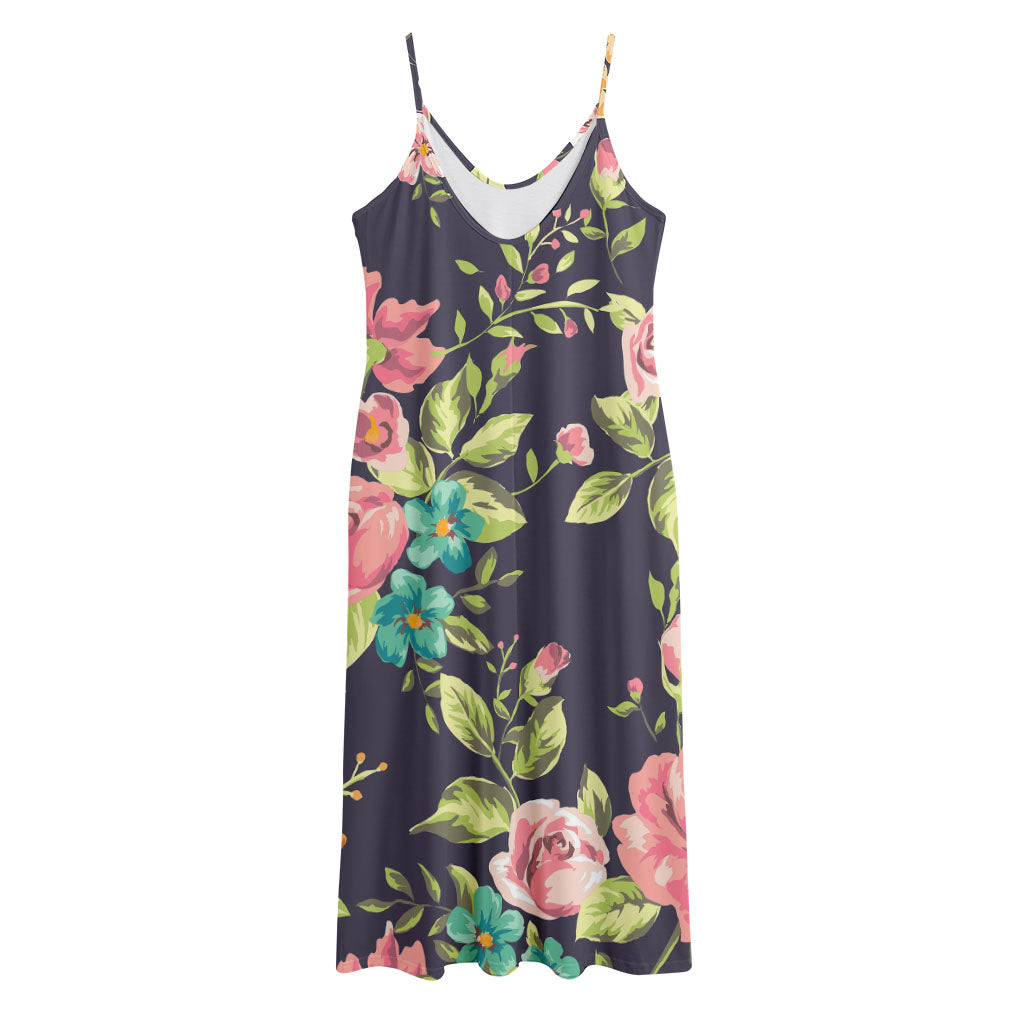 Vintage Rose Floral Flower Pattern Print Jersey Midi Cami Dress