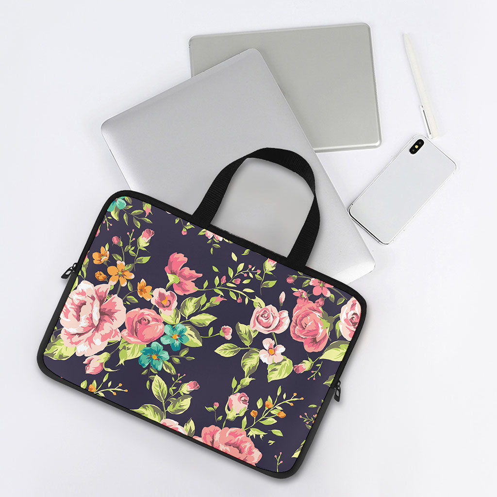 Vintage Rose Floral Flower Pattern Print Laptop Sleeve With Handle