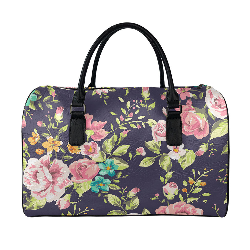 Vintage Rose Floral Flower Pattern Print Leather Duffle Bag