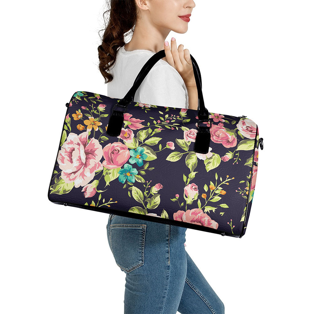Vintage Rose Floral Flower Pattern Print Leather Duffle Bag