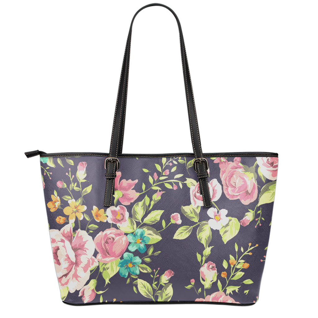 Vintage Rose Floral Flower Pattern Print Leather Tote Bag