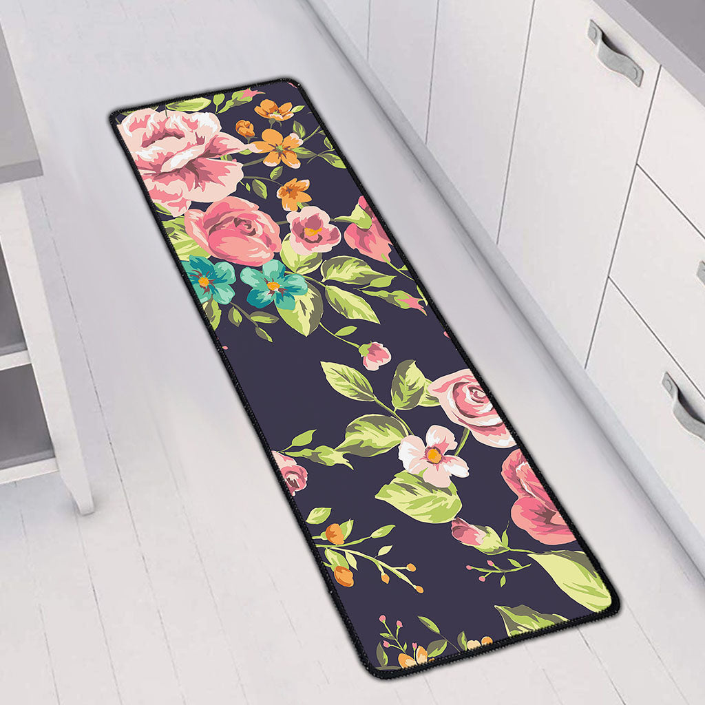 Vintage Rose Floral Flower Pattern Print Long Kitchen Mat