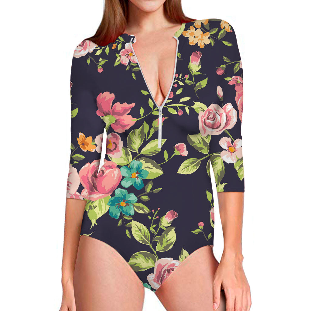 Vintage Rose Floral Flower Pattern Print Long Sleeve Swimsuit