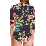 Vintage Rose Floral Flower Pattern Print Long Sleeve Swimsuit
