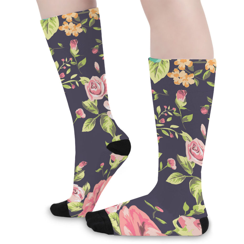 Vintage Rose Floral Flower Pattern Print Long Socks