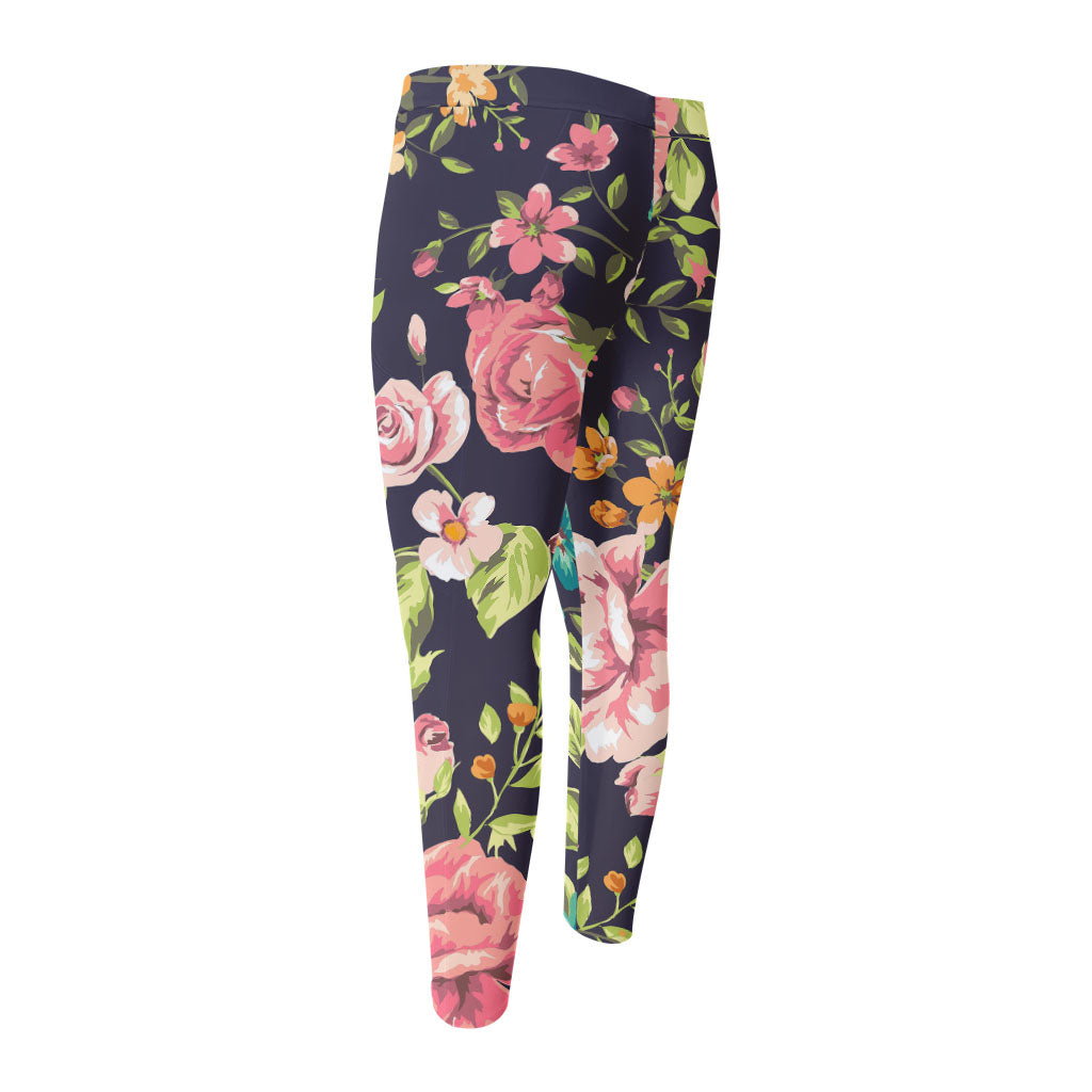Vintage Rose Floral Flower Pattern Print Men's Compression Pants