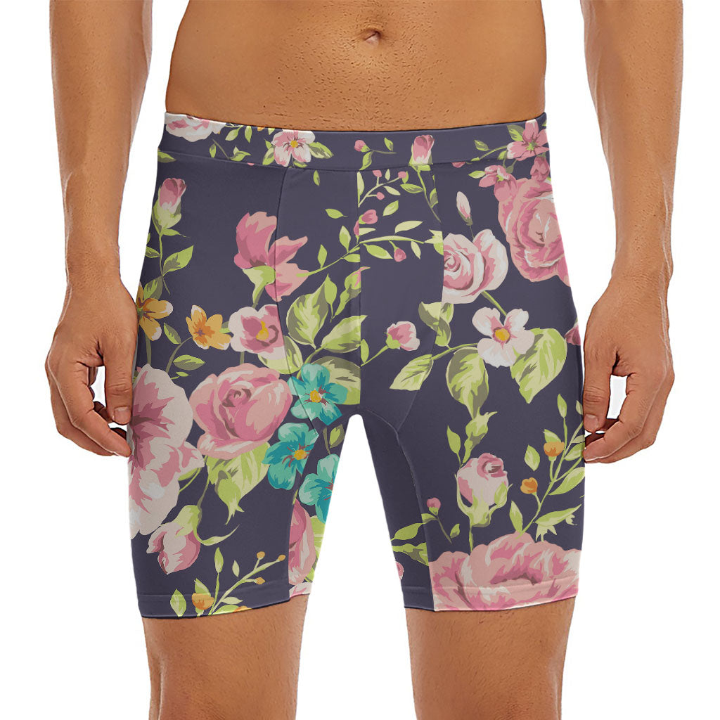 Vintage Rose Floral Flower Pattern Print Men's Long Boxer Briefs