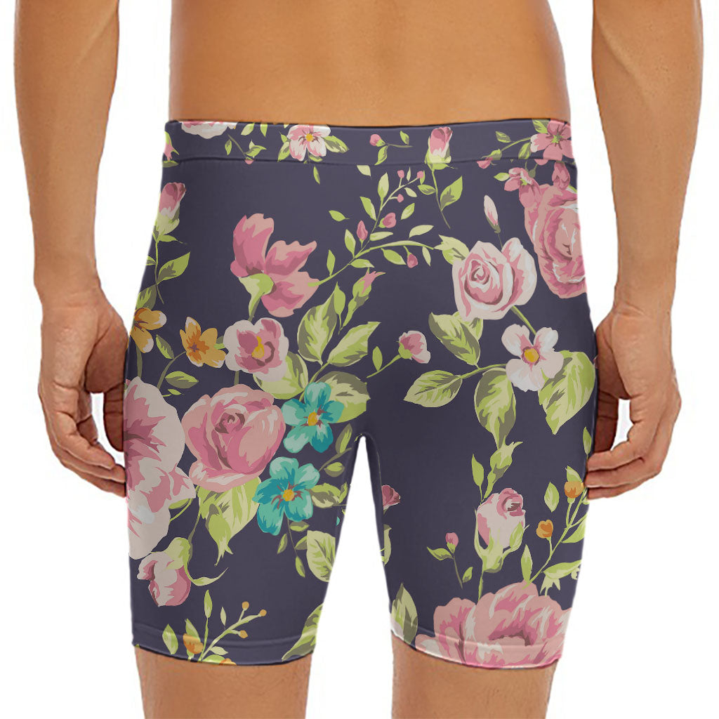 Vintage Rose Floral Flower Pattern Print Men's Long Boxer Briefs