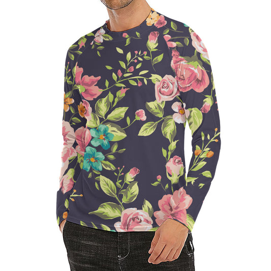 Vintage Rose Floral Flower Pattern Print Men's Long Sleeve Rash Guard