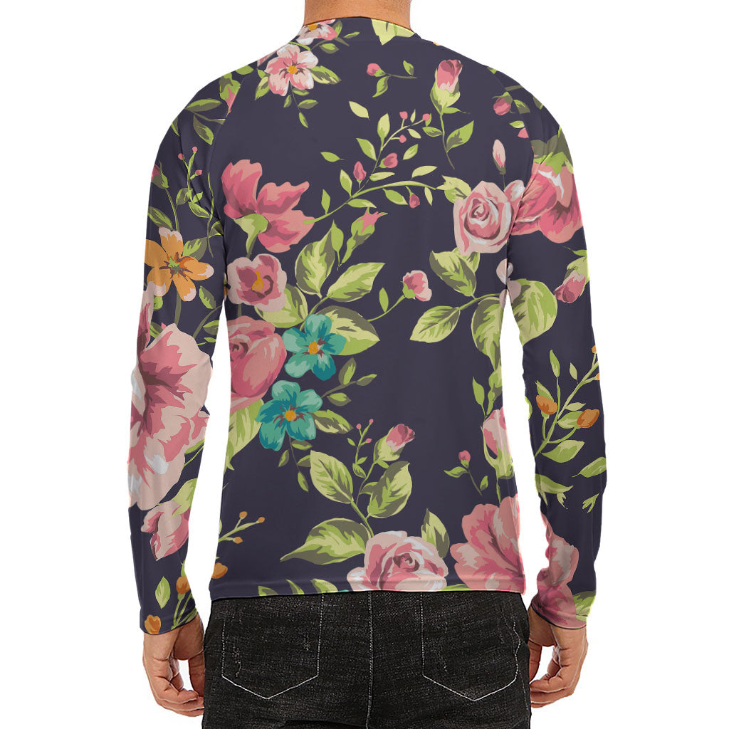 Vintage Rose Floral Flower Pattern Print Men's Long Sleeve Rash Guard