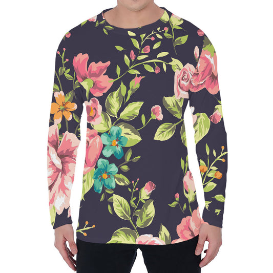 Vintage Rose Floral Flower Pattern Print Men's Long Sleeve T-Shirt