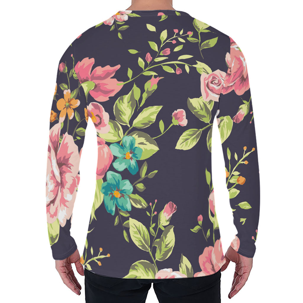 Vintage Rose Floral Flower Pattern Print Men's Long Sleeve T-Shirt