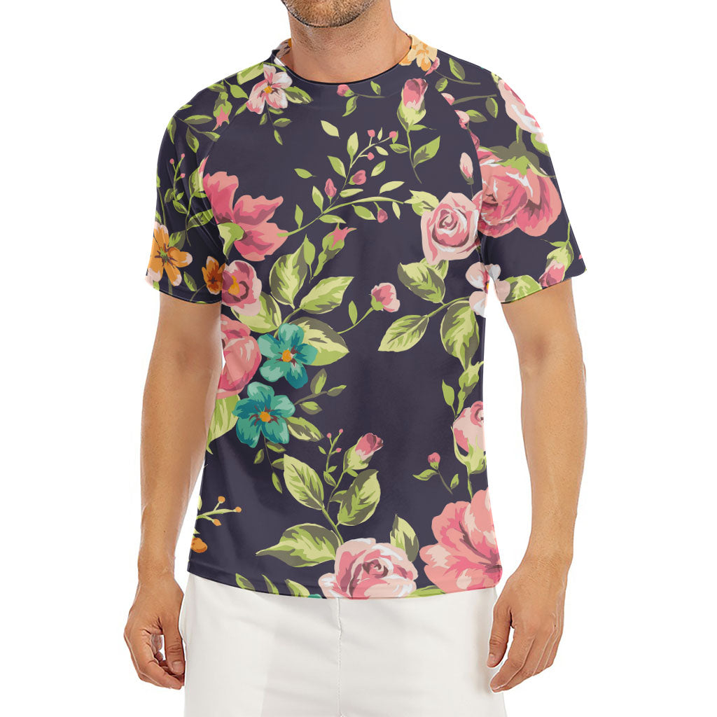 Vintage Rose Floral Flower Pattern Print Men's Short Sleeve Rash Guard