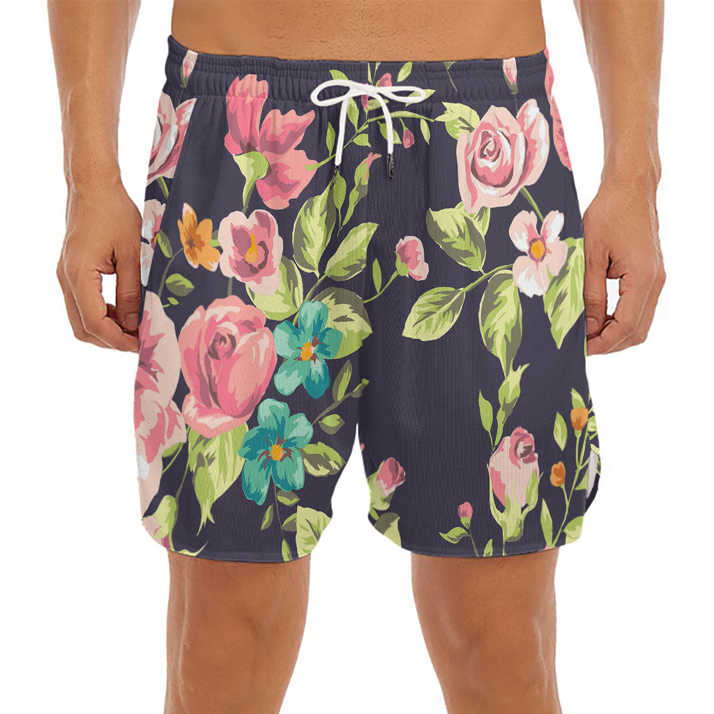 Vintage Rose Floral Flower Pattern Print Men's Split Running Shorts