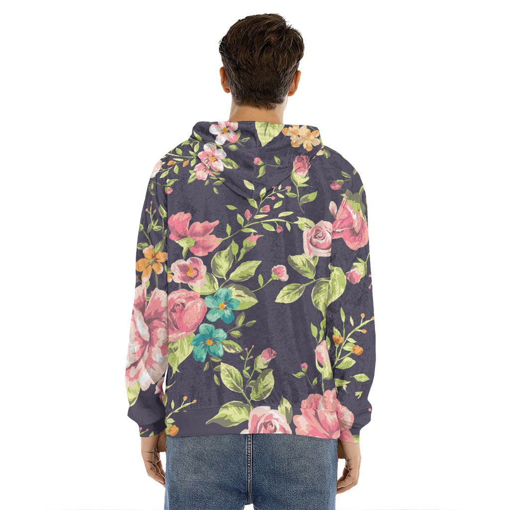 Vintage Rose Floral Flower Pattern Print Men's Velvet Pullover Hoodie
