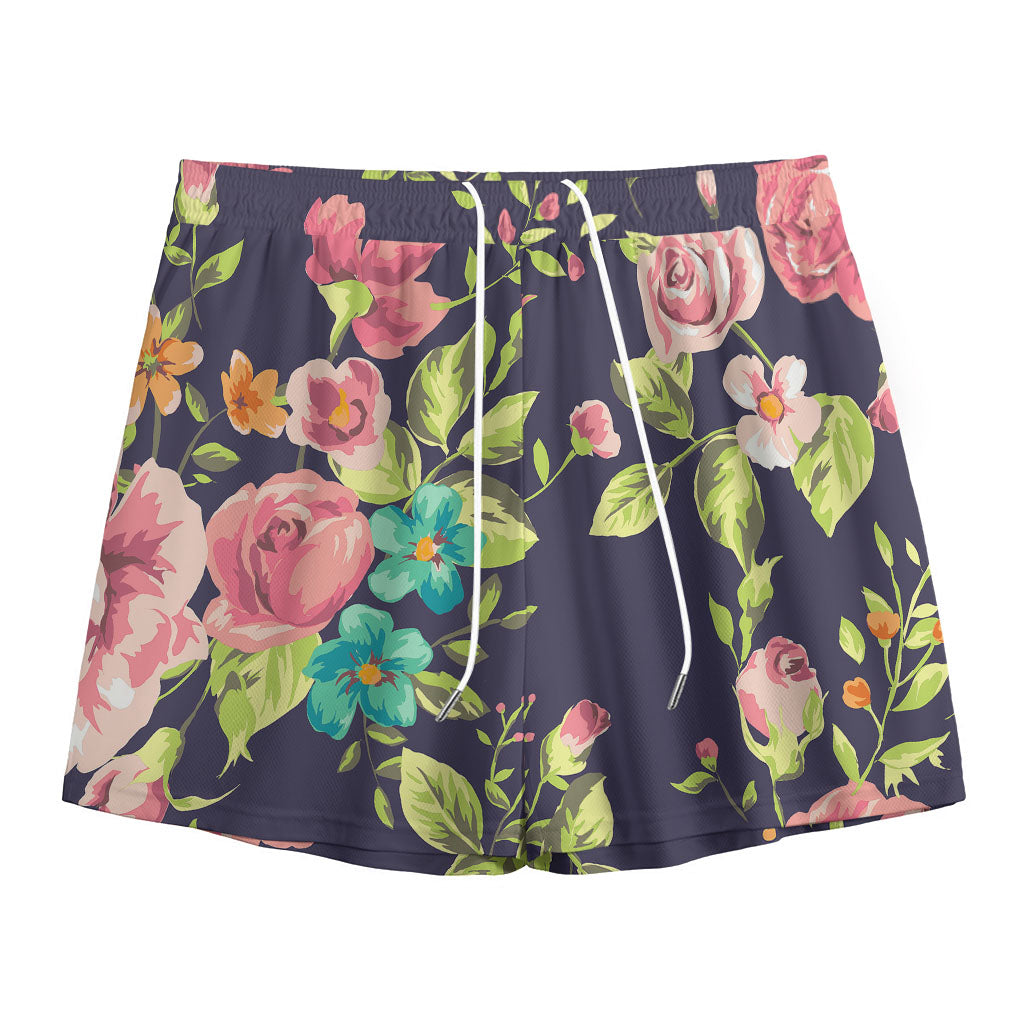 Vintage Rose Floral Flower Pattern Print Mesh Shorts