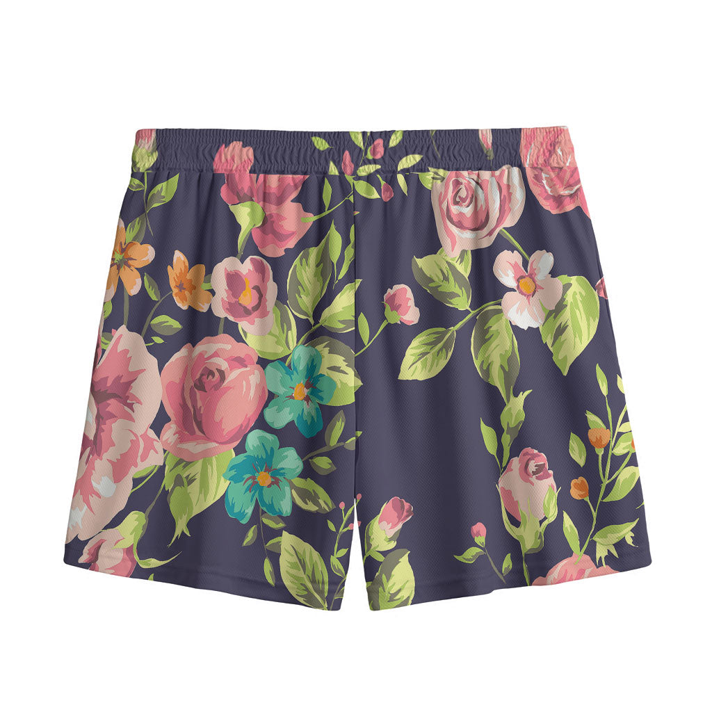 Vintage Rose Floral Flower Pattern Print Mesh Shorts