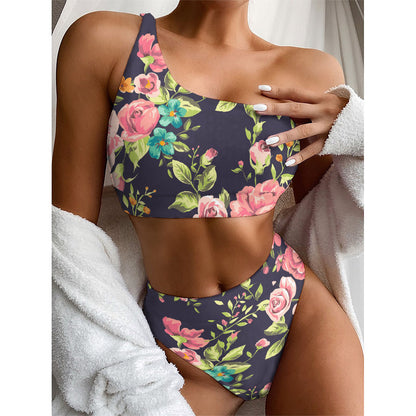 Vintage Rose Floral Flower Pattern Print One Shoulder Bikini Top
