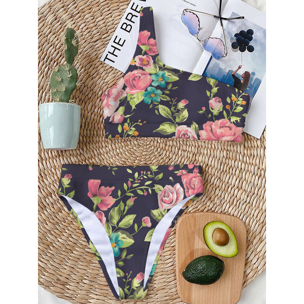Vintage Rose Floral Flower Pattern Print One Shoulder Bikini Top