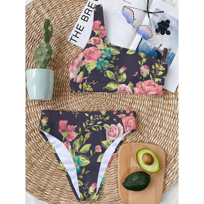 Vintage Rose Floral Flower Pattern Print One Shoulder Bikini Top