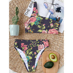 Vintage Rose Floral Flower Pattern Print One Shoulder Bikini Top
