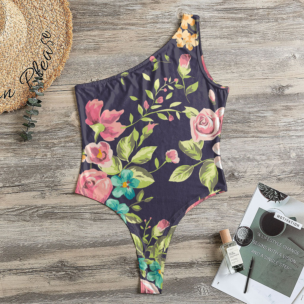 Vintage Rose Floral Flower Pattern Print One Shoulder Bodysuit
