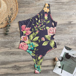 Vintage Rose Floral Flower Pattern Print One Shoulder Bodysuit