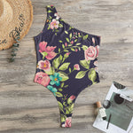 Vintage Rose Floral Flower Pattern Print One Shoulder Bodysuit