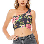 Vintage Rose Floral Flower Pattern Print One Shoulder Crop Top