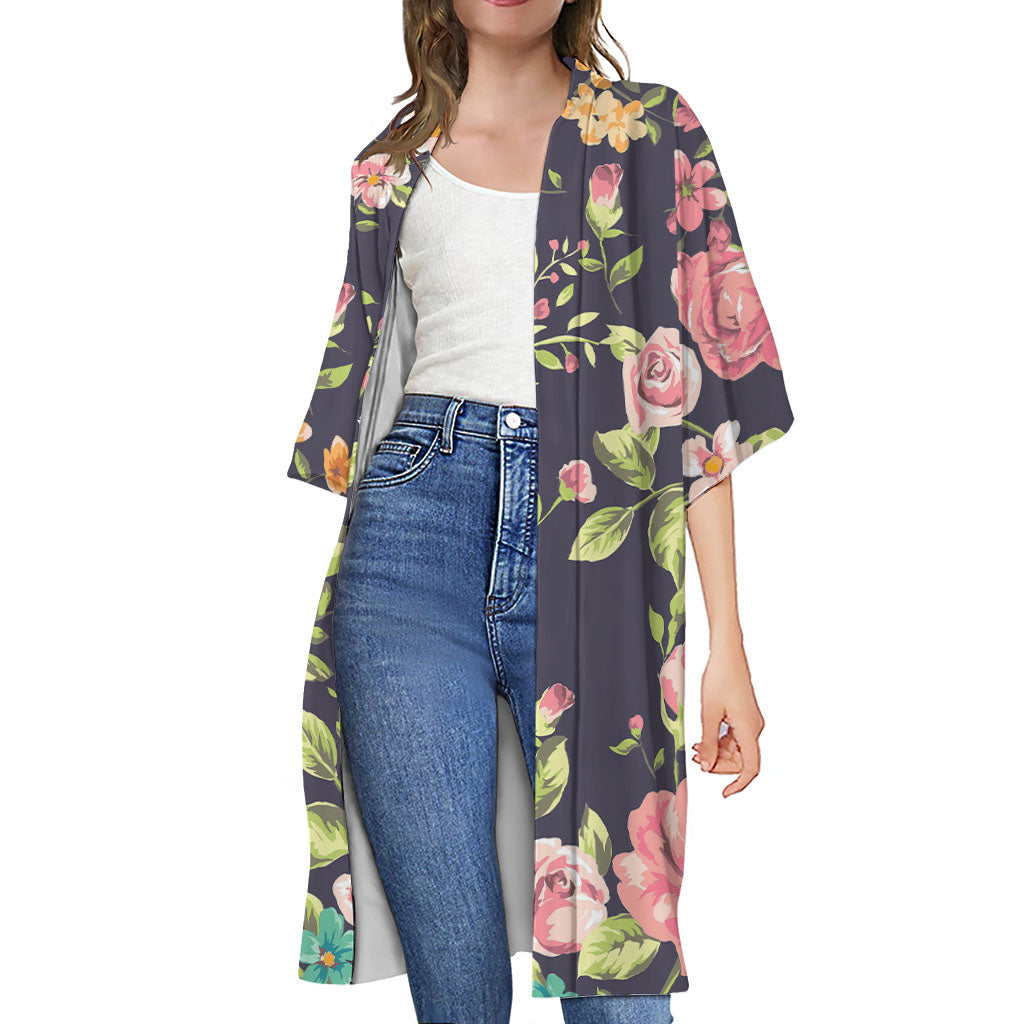 Vintage Rose Floral Flower Pattern Print Open Front Beach Cover Up