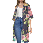 Vintage Rose Floral Flower Pattern Print Open Front Beach Cover Up