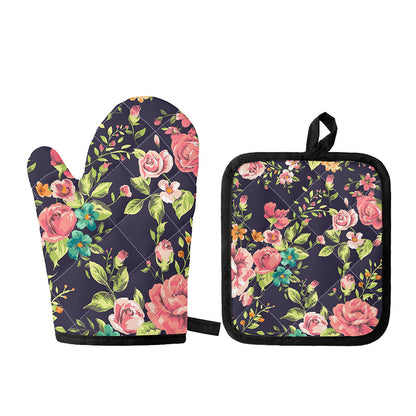 Vintage Rose Floral Flower Pattern Print Oven Mitt And Pot Holder Set