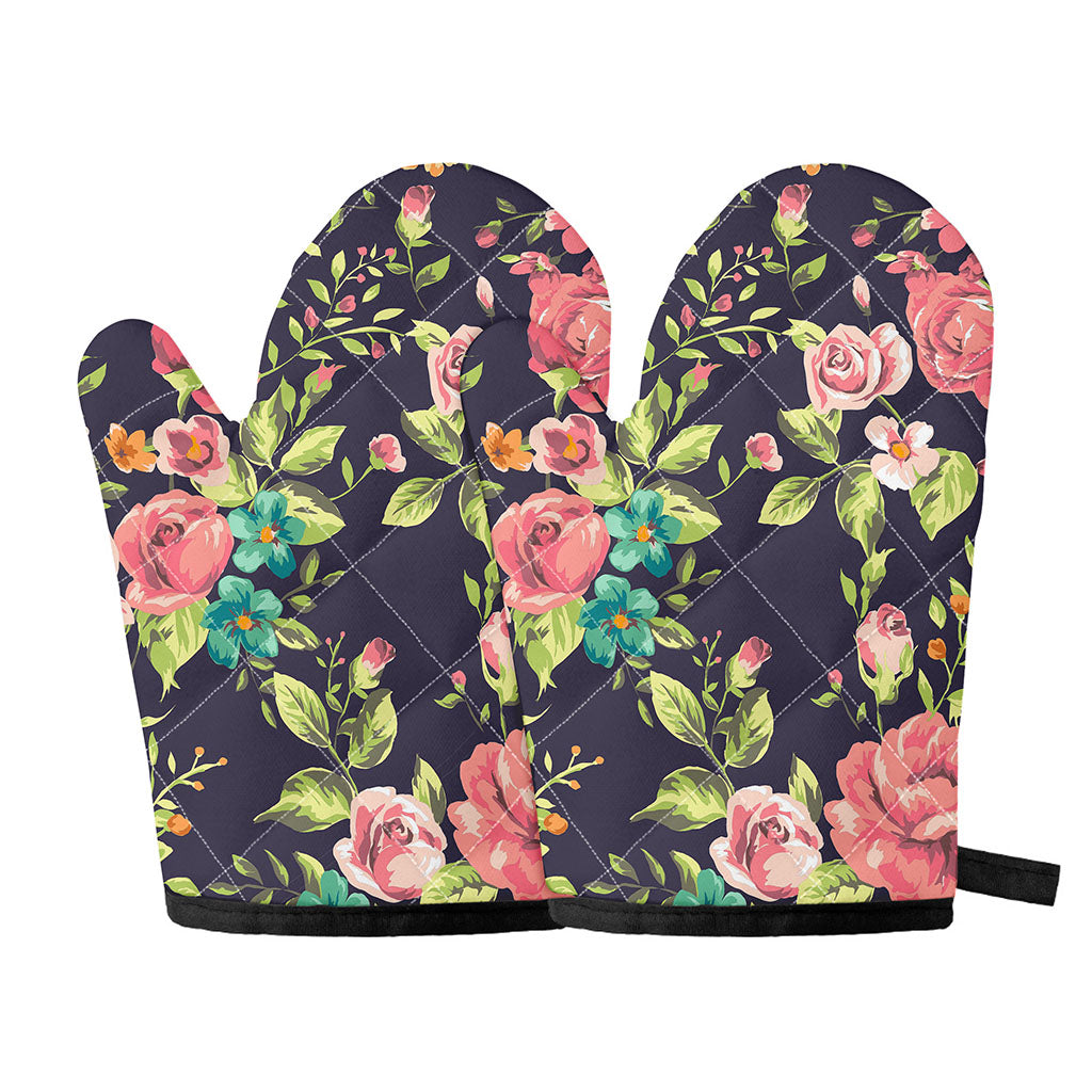 Vintage Rose Floral Flower Pattern Print Oven Mitts
