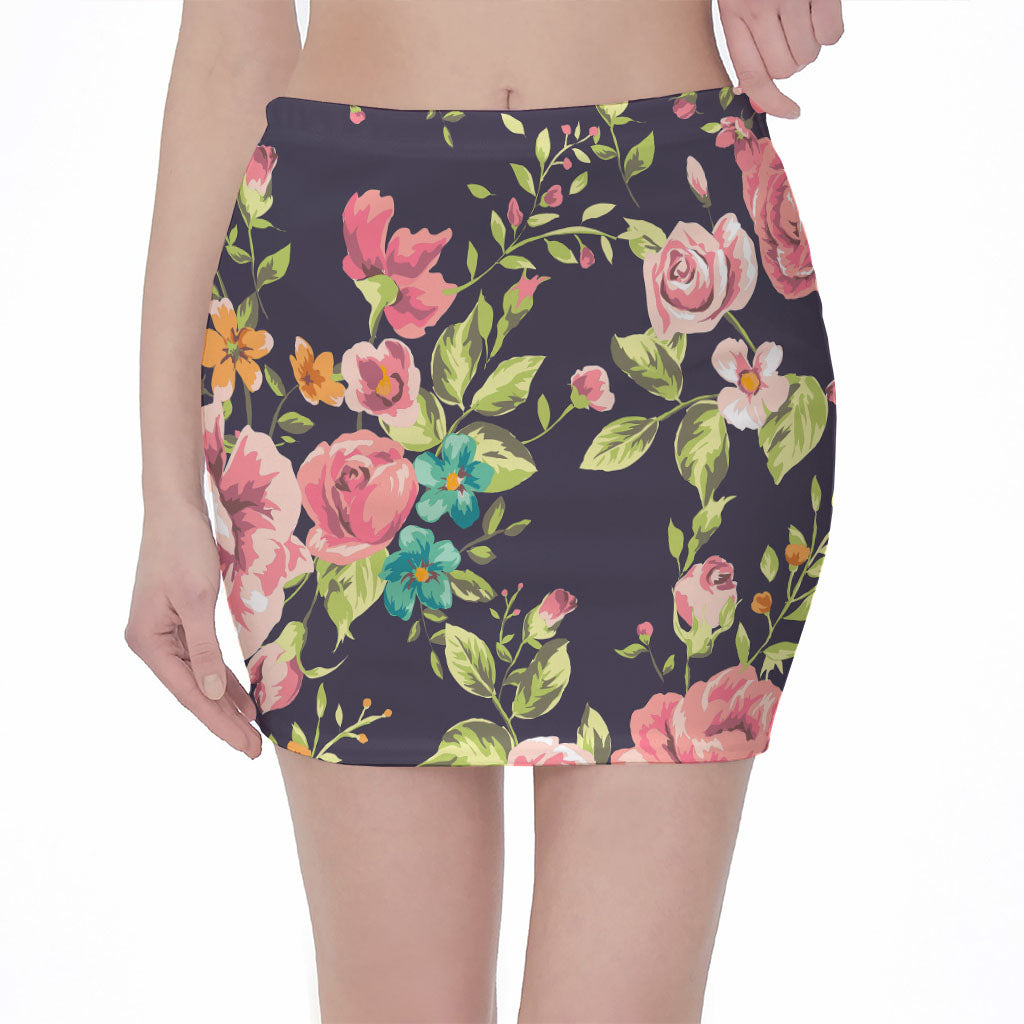 Vintage Rose Floral Flower Pattern Print Pencil Mini Skirt