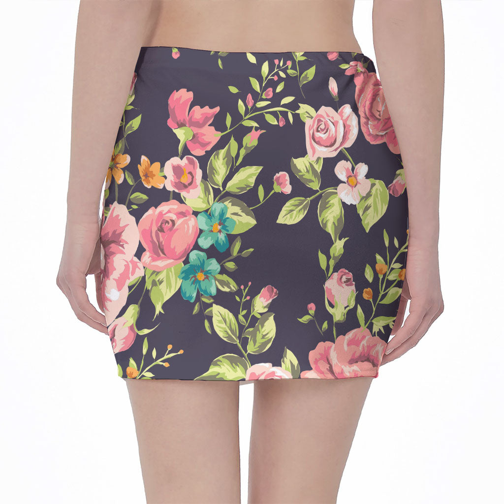 Vintage Rose Floral Flower Pattern Print Pencil Mini Skirt