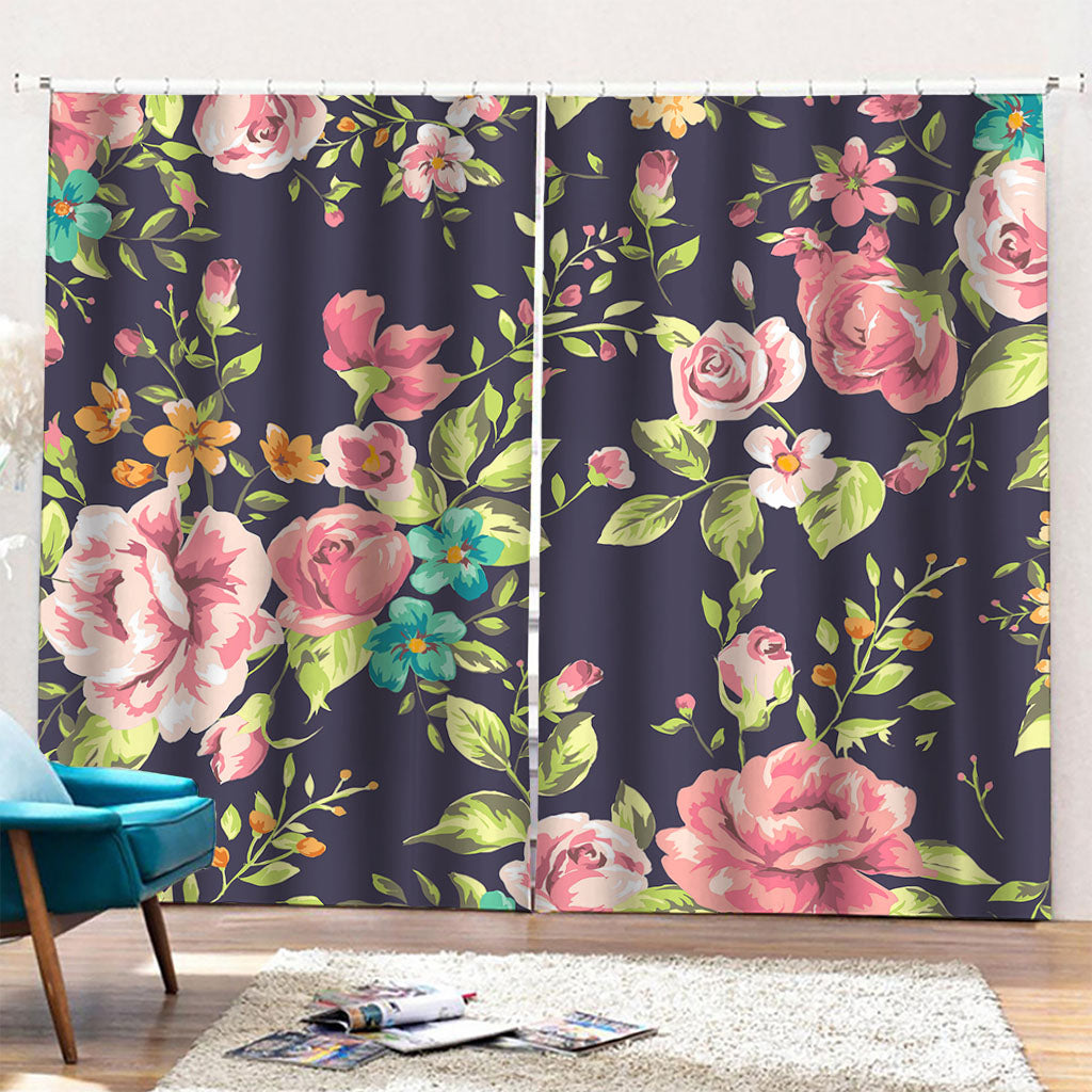 Vintage Rose Floral Flower Pattern Print Pencil Pleat Curtains