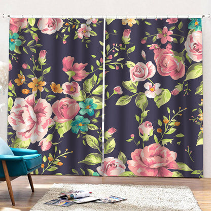 Vintage Rose Floral Flower Pattern Print Pencil Pleat Curtains