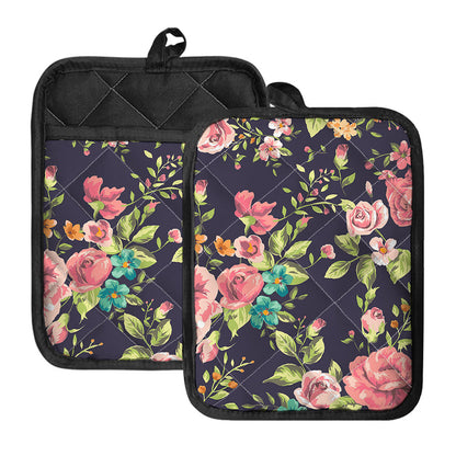 Vintage Rose Floral Flower Pattern Print Pot Holders With Pocket