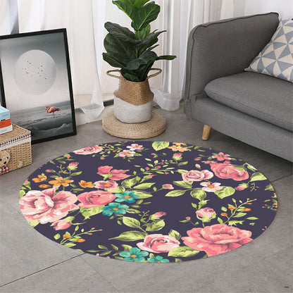 Vintage Rose Floral Flower Pattern Print Round Rug