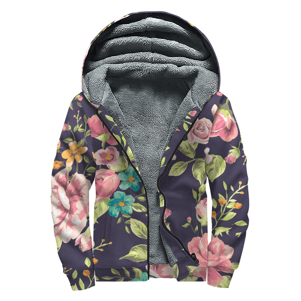 Vintage Rose Floral Flower Pattern Print Sherpa Lined Zip Up Hoodie