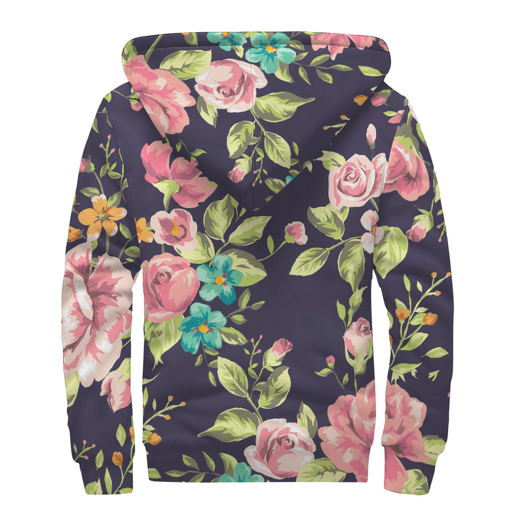 Vintage Rose Floral Flower Pattern Print Sherpa Lined Zip Up Hoodie