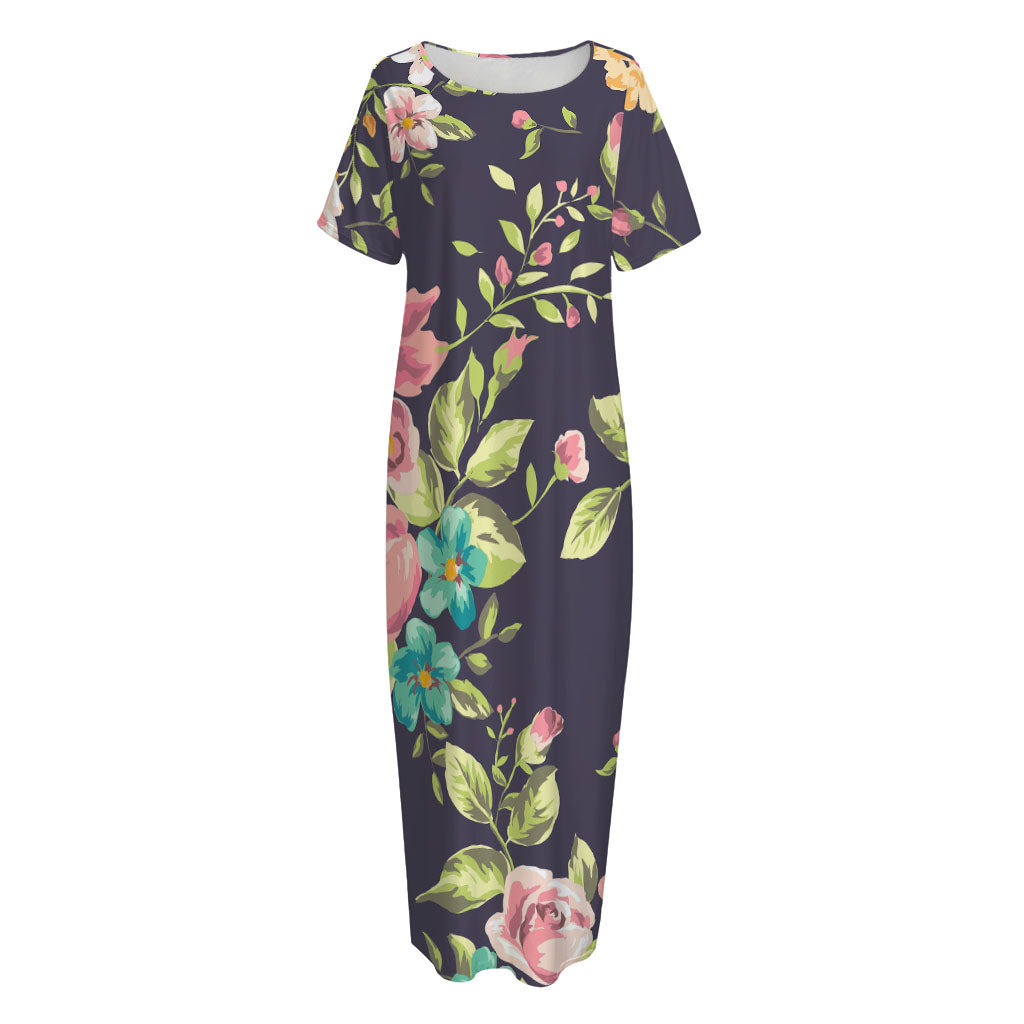 Vintage Rose Floral Flower Pattern Print Short Sleeve Long Nightdress