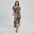 Vintage Rose Floral Flower Pattern Print Short Sleeve Maxi Dress