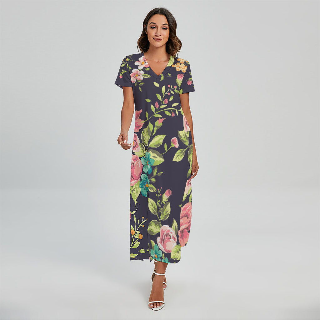 Vintage Rose Floral Flower Pattern Print Short Sleeve Maxi Dress