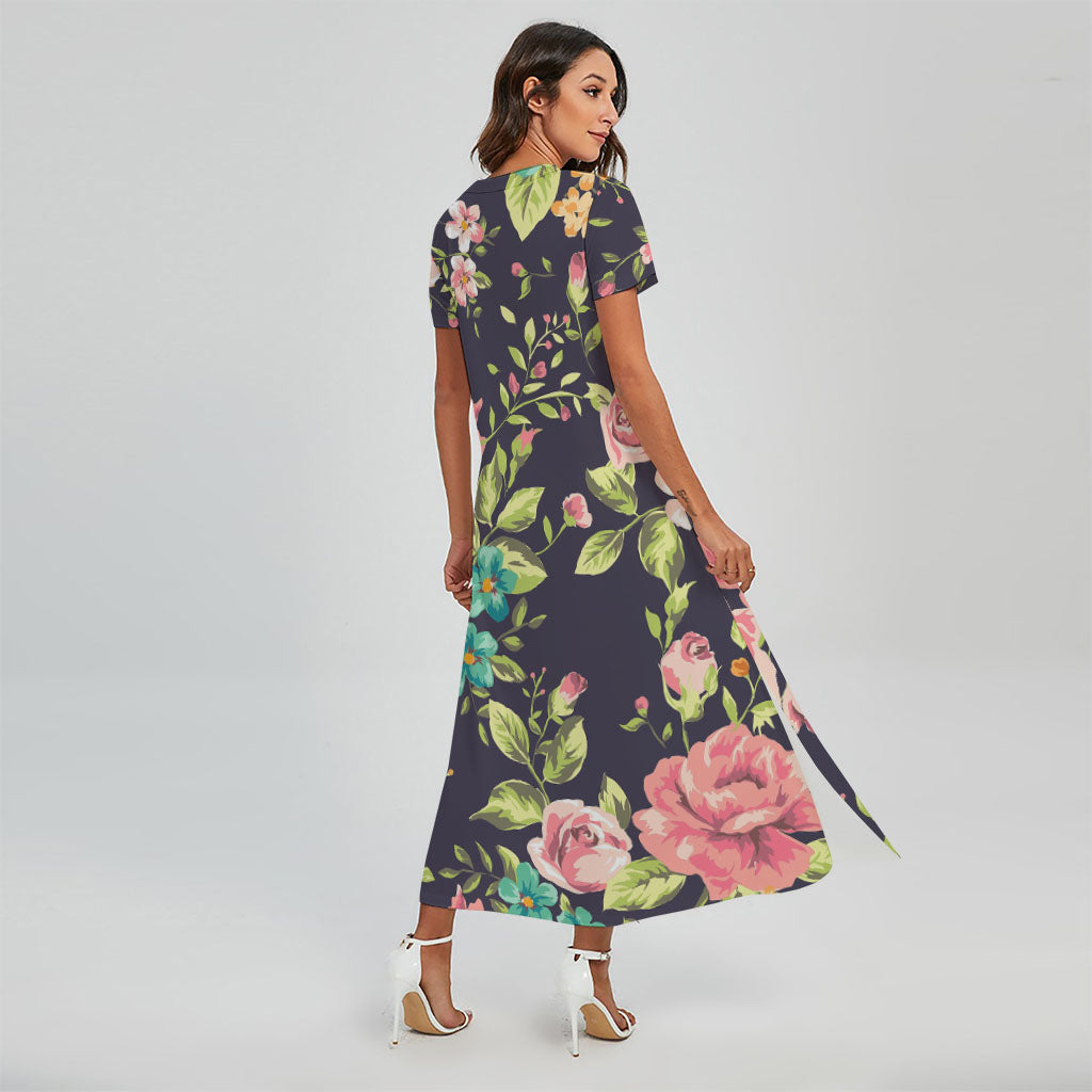 Vintage Rose Floral Flower Pattern Print Short Sleeve Maxi Dress