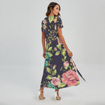 Vintage Rose Floral Flower Pattern Print Short Sleeve Maxi Dress