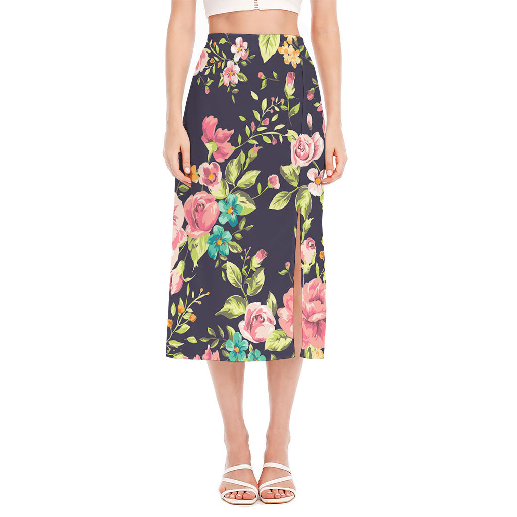 Vintage Rose Floral Flower Pattern Print Side Slit Midi Skirt