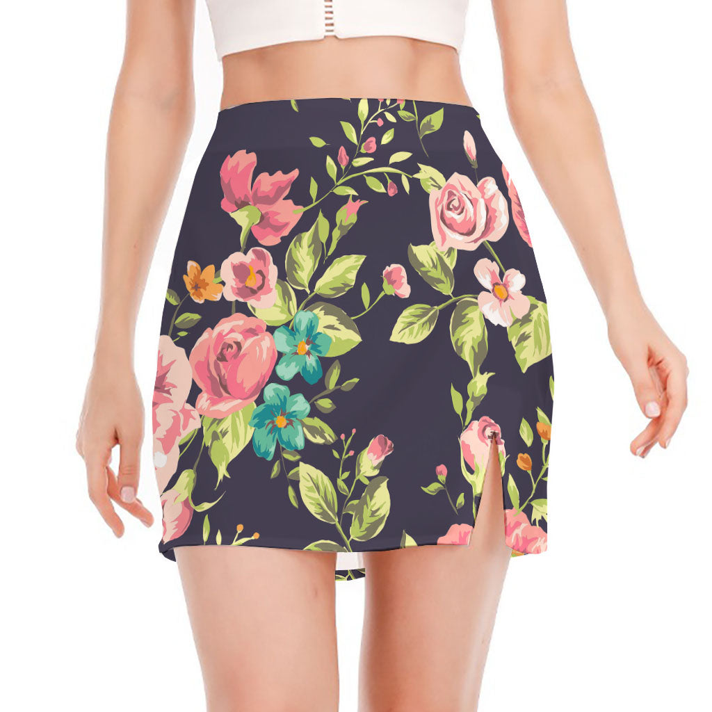 Vintage Rose Floral Flower Pattern Print Side Slit Mini Skirt